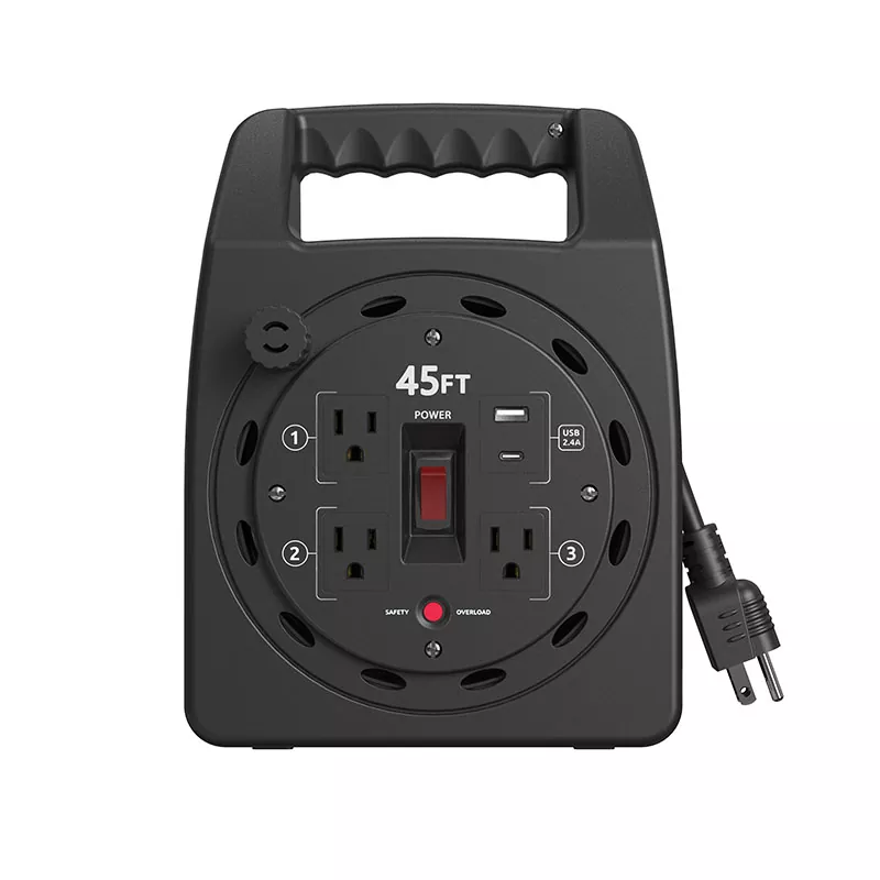 3 Steckdosen USB2.4a Kunststoffkabeltrommel 45 Fuß mit Überlastschutz 3 Steckdosen USB2.4a Kunststoffkabeltrommel 45 Fuß mit Überlastschutz